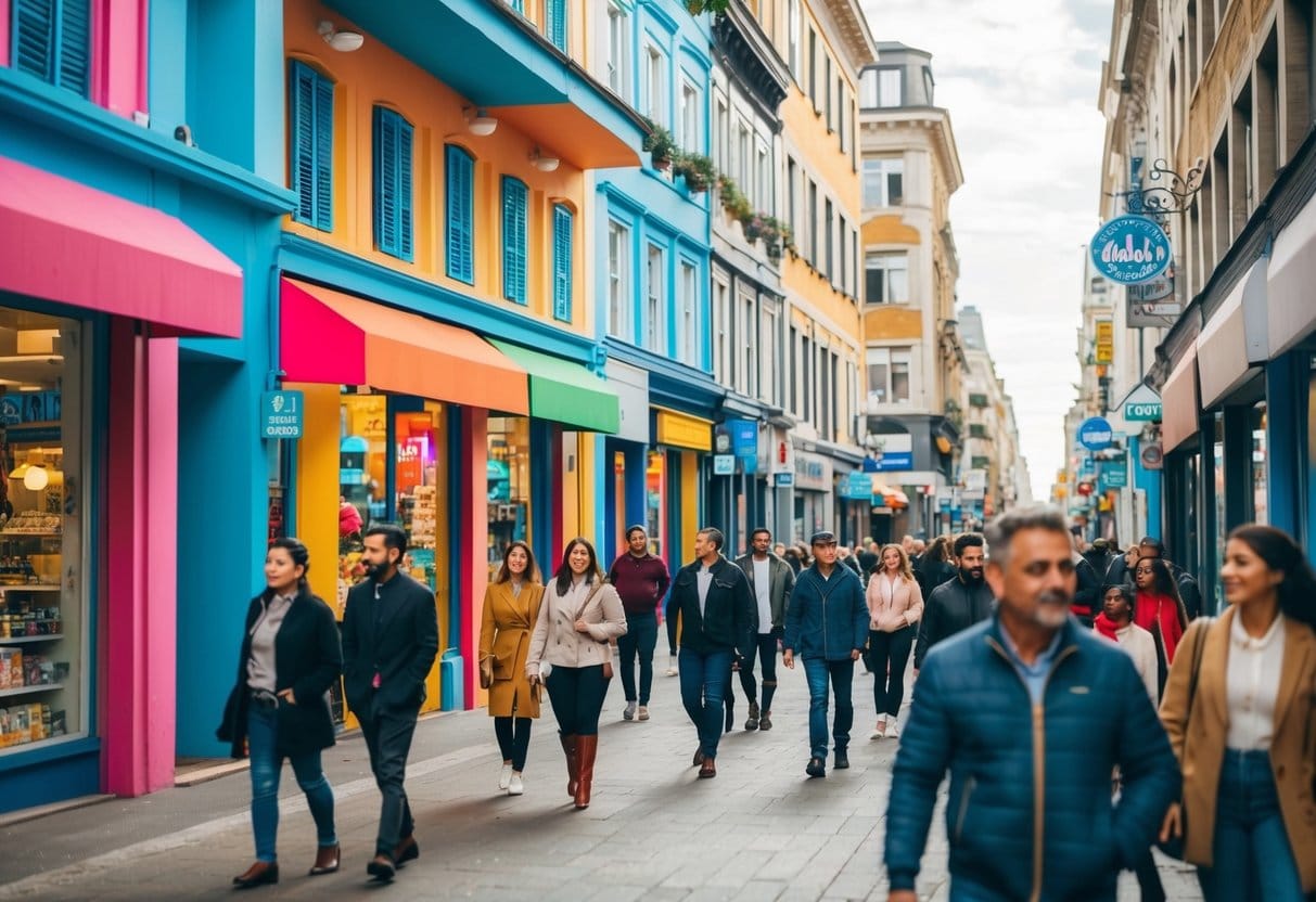 En travl bygade med farverige butikfacader og mennesker der går forbi som viser områdets livlige atmosfære